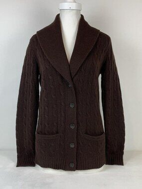 Ralph Lauren Brown Cashmere Cable Knit Cardigan with Elbow Patches - Size S